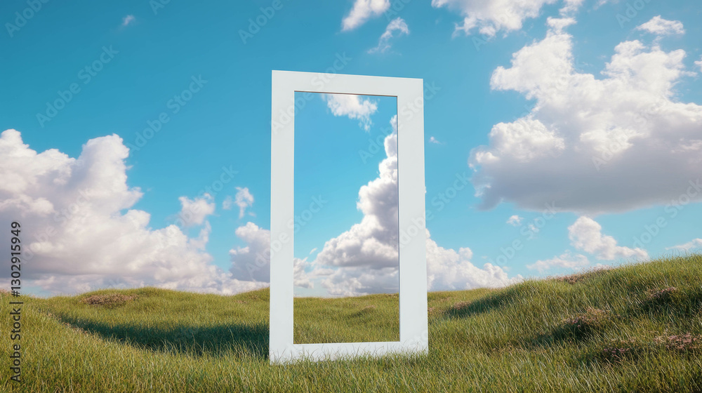 Poster minimalistic mockup of white frame on a grassy field under blue sky with clouds