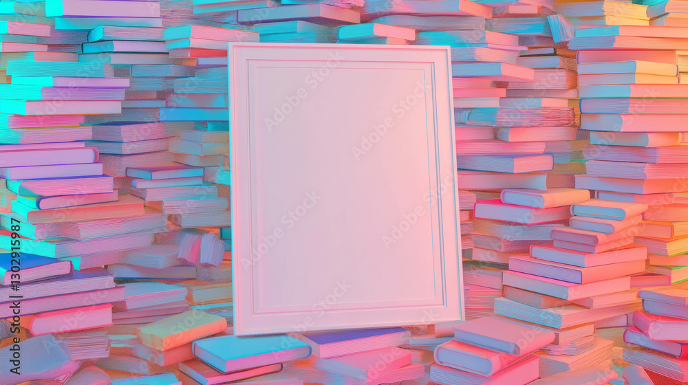 Poster creative mockup with white frame against vivid colorful book background