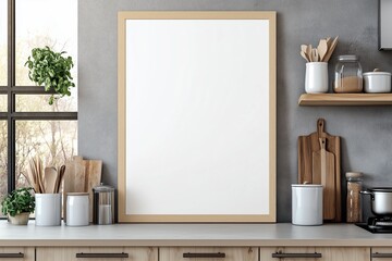Mockup de moldura vertical em cozinha moderna com utensílios, plantas e decoração minimalista, criado com IA generativa para visualização de arte e design