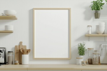 Mockup de moldura vertical em cozinha moderna com utensílios, plantas e decoração minimalista, criado com IA generativa para visualização de arte e design
