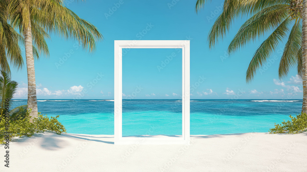Poster tropical beach scene with white frame under palm trees for summer design