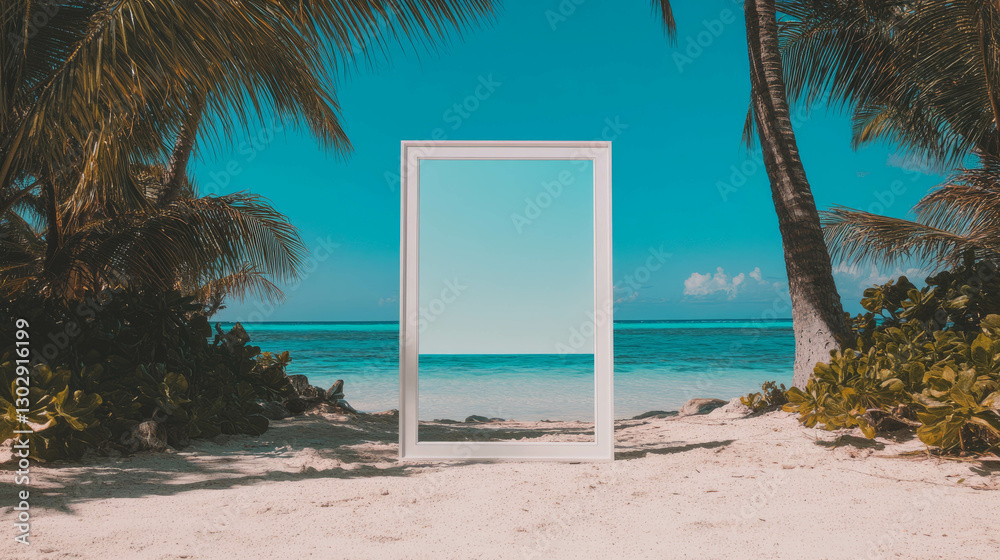 Aufkleber tropical beach reflections with white frame for summer design projects
