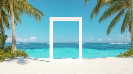 Tropical beach scene with white frame under palm trees for summer design
