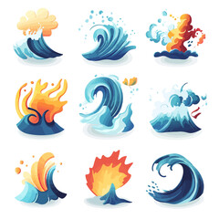 Cartoon waves and fire elements set, ocean, water, flame design, icons