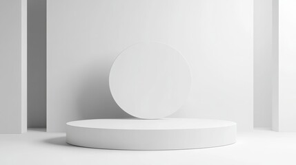 Empty podium or pedestal display for product placement, flat white background, copy and text space, 16:9