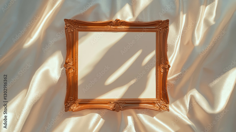Poster elegant carved wooden frame on luxurious draped fabric background for design and decor