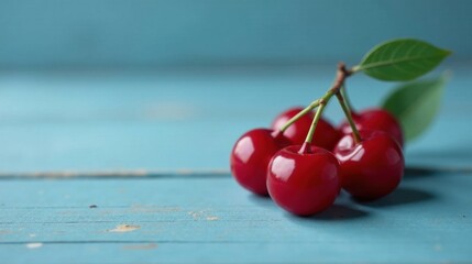 A Cluster of Ripe Cherries Resting on a Weathered Blue Wooden Surface