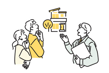 シンプル　イラスト　戸建て住宅を案内する作業着の男性