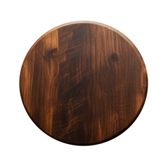 Top view of round wooden dark cutting board on transparent or white background. PNG.