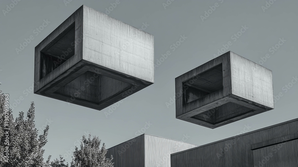 Poster Abstract architectural geometry with floating concrete cubes against sky