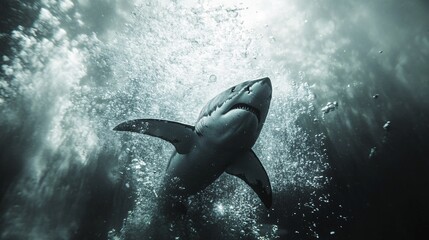Obraz premium Majestic Great White Shark Gliding Through Deep Waters Surrounded by Bubbles