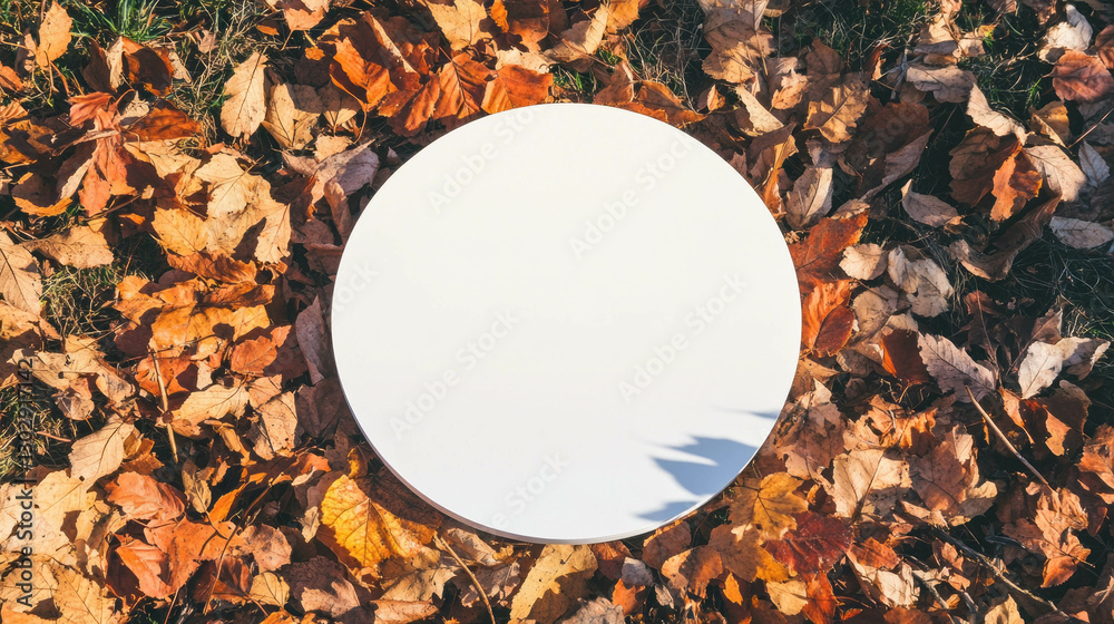 Poster minimalist white circular podium amidst autumn leaves for design and display concepts