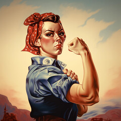 Powerful Rosie the Riveter illustration symbolizes feminism, empowerment, strength, vintage aesthetics, and determination in a bold, patriotic, and inspiring design.