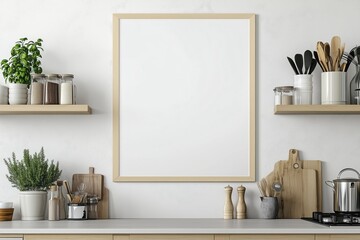 Mockup de moldura vertical em cozinha moderna com utensílios, plantas e decoração minimalista, criado com IA generativa para visualização de arte e design