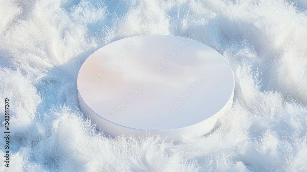 Poster minimalist white circular podium on soft fluffy bed background for elegant display design