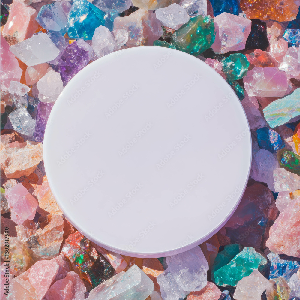 Poster minimalist white circular podium on colorful gemstone background for design display