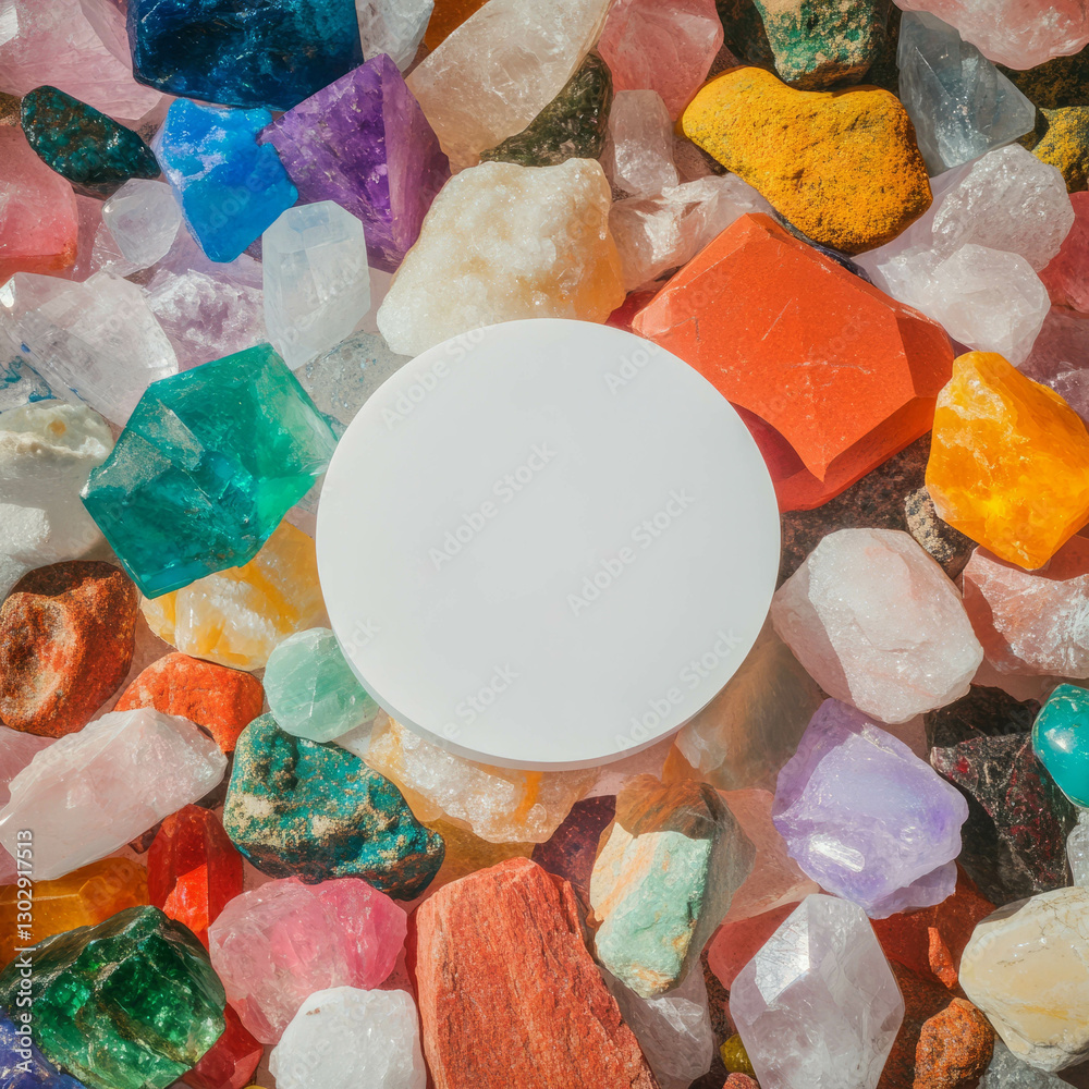 Aufkleber Overhead view of white circular podium surrounded by colorful crystals for design and display concepts