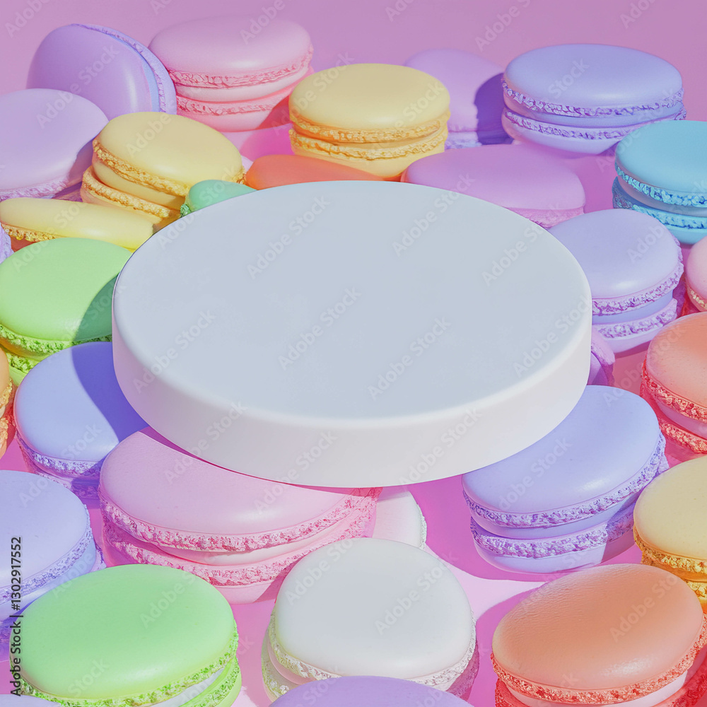 Aufkleber Minimalist white circular podium surrounded by colorful macarons for display and design