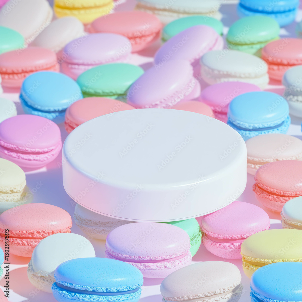 Poster minimalist white circular podium surrounded by colorful pastel macarons for display and design