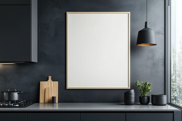 Mockup de moldura vertical em cozinha moderna com utens&iacute;lios, plantas e decora&ccedil;&atilde;o minimalista, criado com IA generativa para visualiza&ccedil;&atilde;o de arte e design