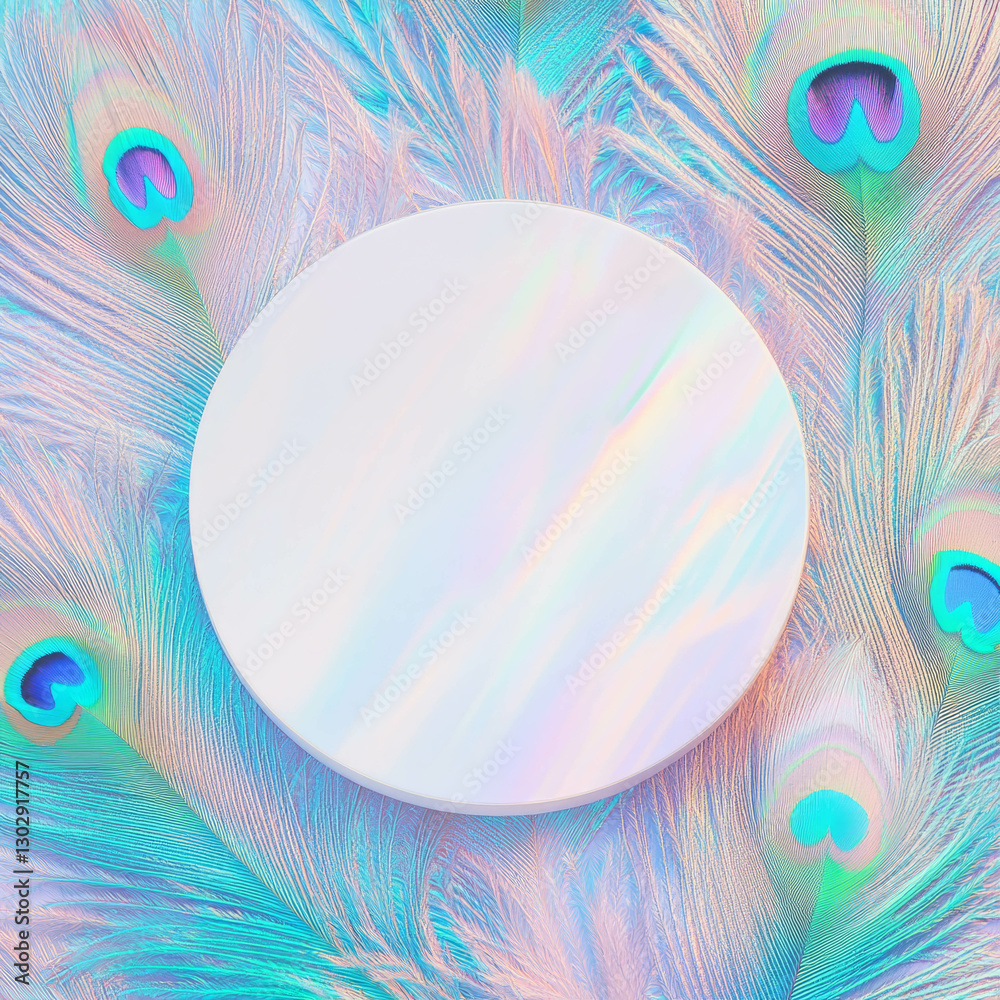 Aufkleber elegant white circular podium with iridescent peacock feathers for display and decoration