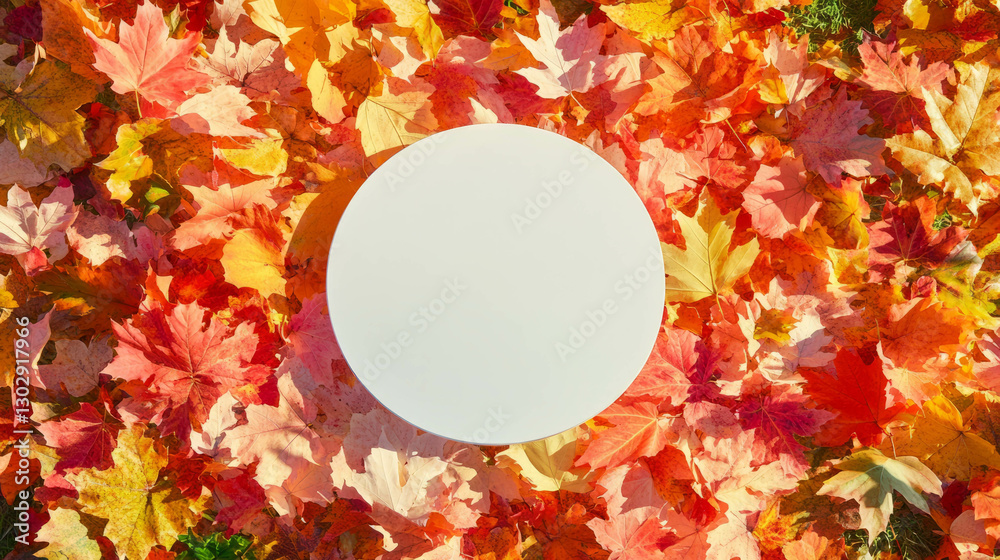 Poster autumn inspired white circular podium on vibrant fall leaves background for display