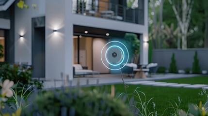 Modern Smart Home Security Camera in a Stylish Yard