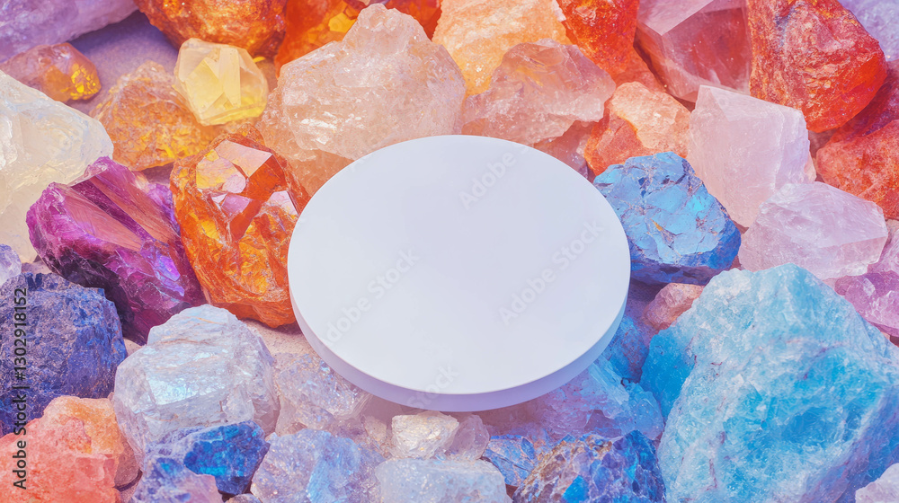 Poster white circular podium surrounded by colorful crystals for elegant display