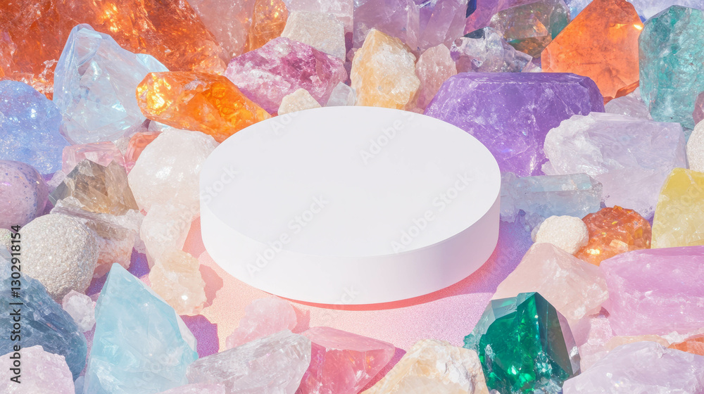 Poster white circular podium surrounded by colorful crystals for product display or design concept