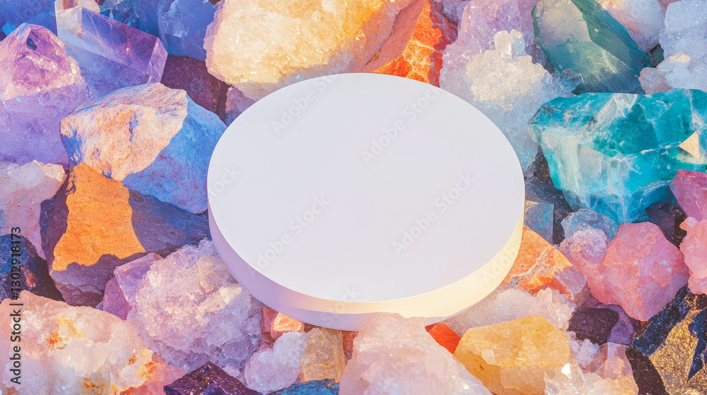 Poster colorful crystal background with white circular podium for product display design