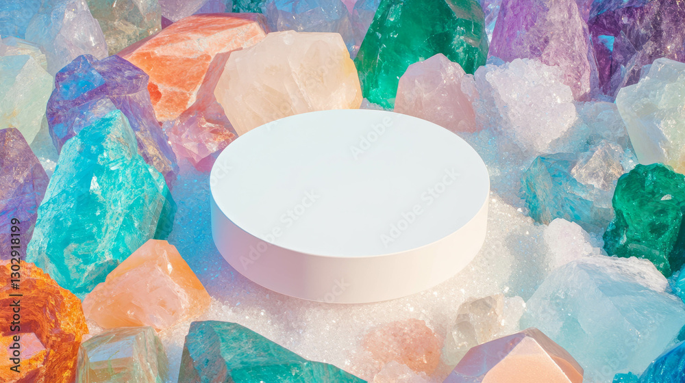 Poster white circular podium surrounded by colorful crystals for display and design inspiration