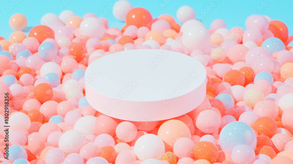 Aufkleber pastel themed circular podium display surrounded by colorful spheres on soft background
