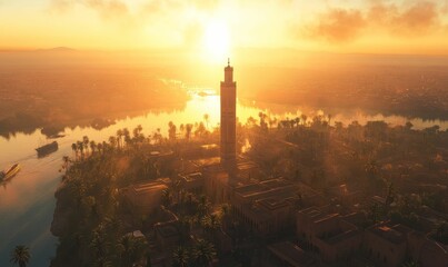 Fototapeta premium Golden mosque overlooking a river at sunset.