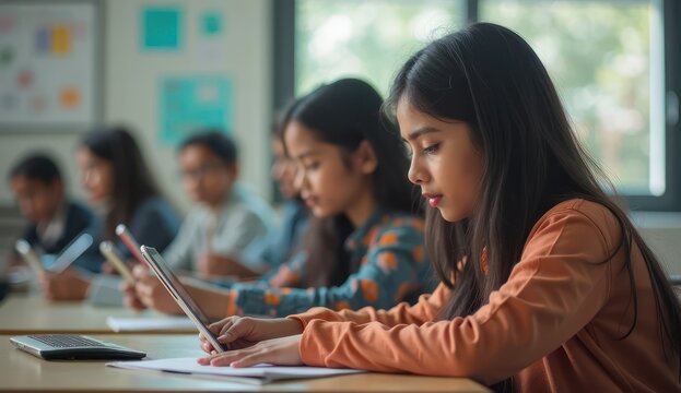 indian schoolchildren learning with technology in classroom