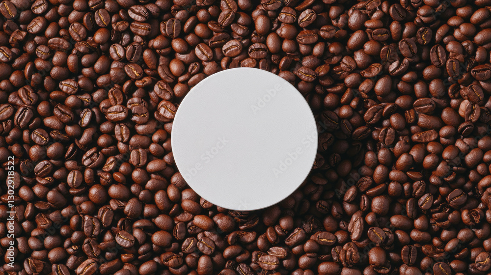 Poster Minimalist design concept with white circular podium on coffee beans surface