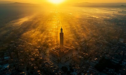 Fototapeta premium Golden sunlight illuminates mosque minaret city.