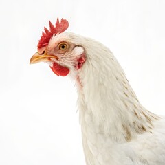 Minimalist Closeup Portrait of White Chicken Head and Crest Against Plain Background