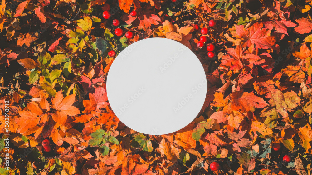 Poster autumn foliage background with white circular podium for seasonal design