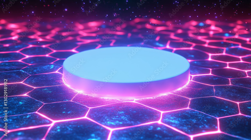 Leinwandbilder futuristic neon circular podium on hexagonal surface with cosmic background