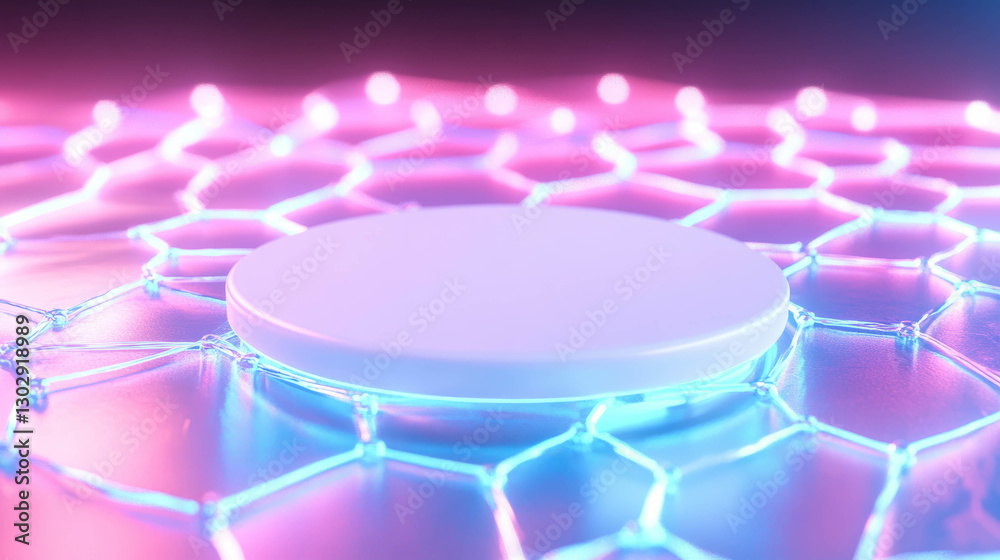 Poster futuristic neon lit podium on mesh surface for tech and design projects