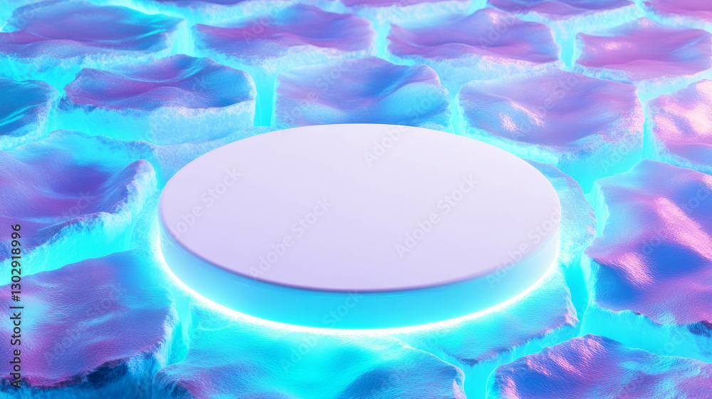 Poster futuristic white circular podium on vibrant abstract surface for modern design concepts