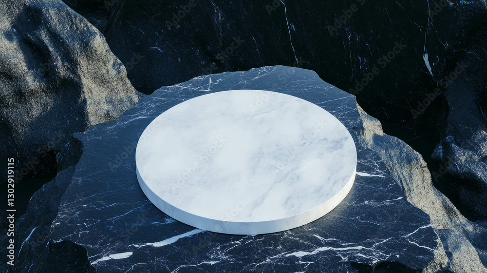 Poster minimalist design with white circular podium on dark stone surface for modern display