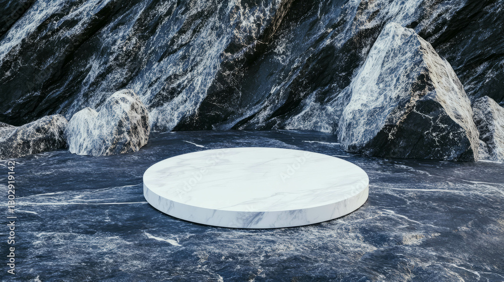 Poster minimalist white circular podium on textured surf background for modern display