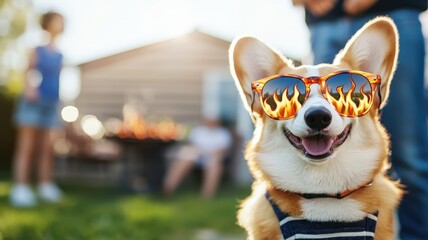 Fototapeta premium Happy corgi wearing sunglasses enjoying a sunny day outdoors with people in the background.