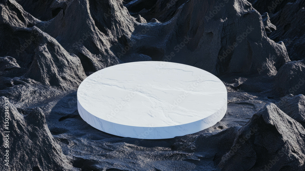 Poster minimalist white circular podium on abstract rocky surface for product display