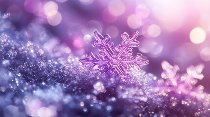Fototapeta premium Macro Shot of Snowflake with Purple Bokeh Background for Winter Themes