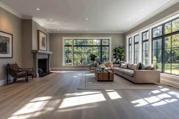 Sunlit spacious living room with hardwood floors, large windows, fireplace, and comfortable seating.