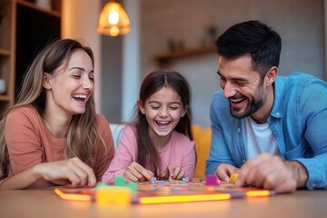 Family enjoying a board game together, smiling and having fun in a cozy setting.