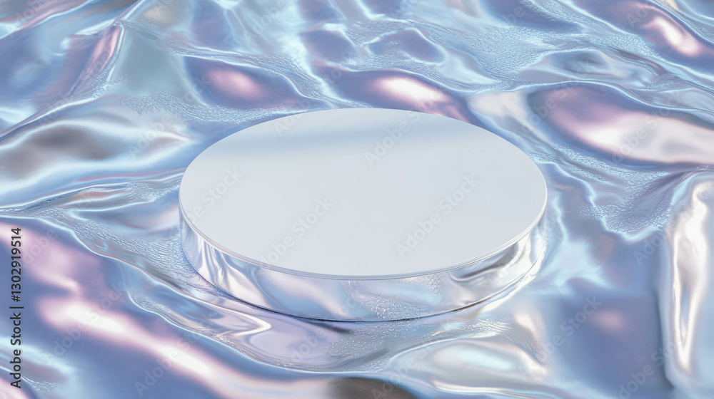 Poster minimalist white circular podium on iridescent surface for modern display design