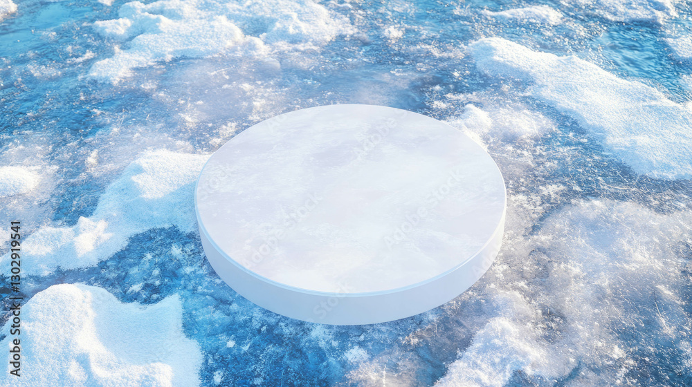 Poster minimalist white circular podium on ice surface for winter display design